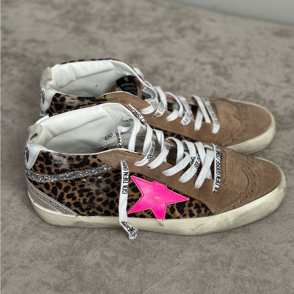 Golden Goose Brown Leopard Sneakers with Pink Star